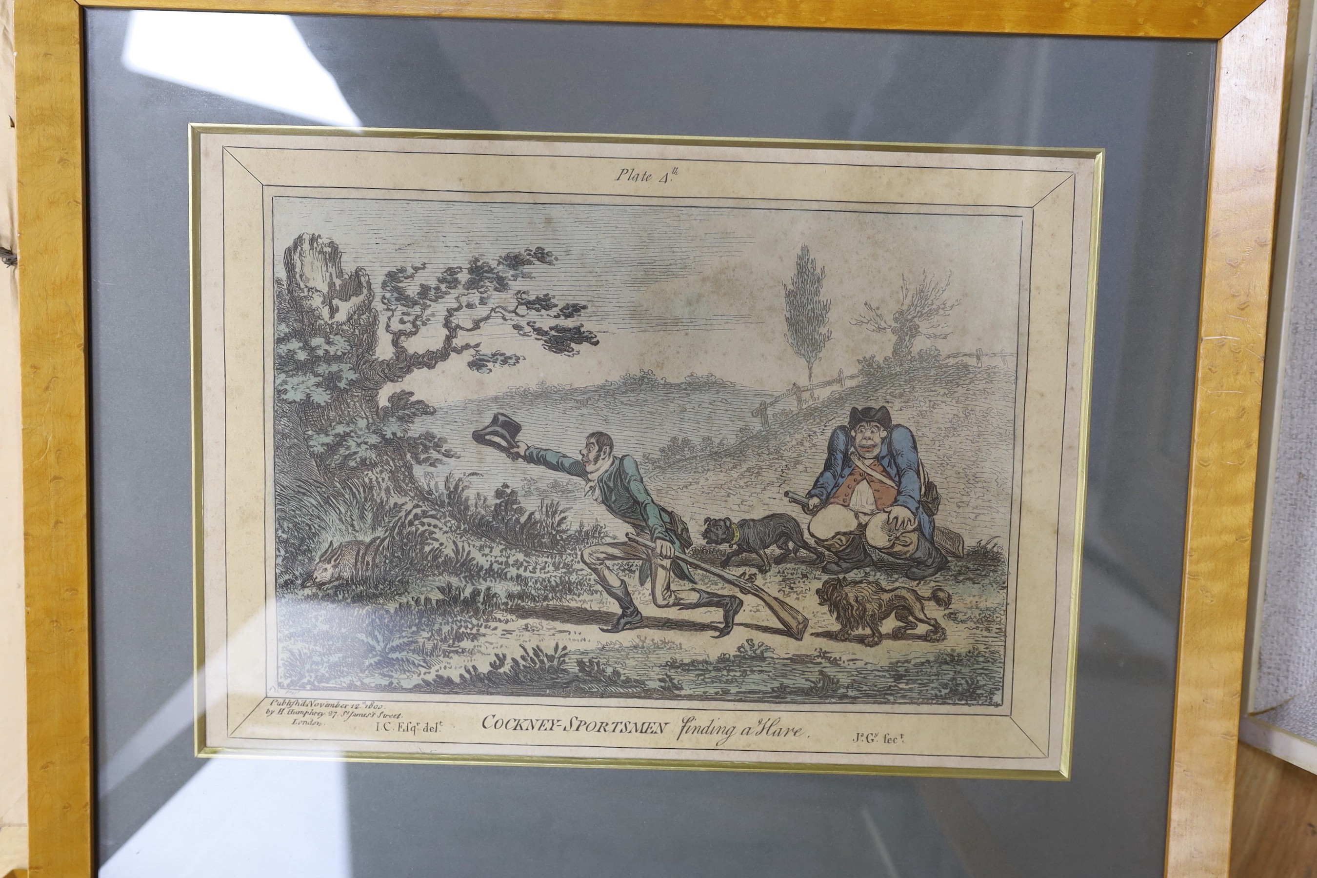 After James Gilray, set of four reprinted hand coloured engravings, Cockney sportsmen, overall 25 x 36cm